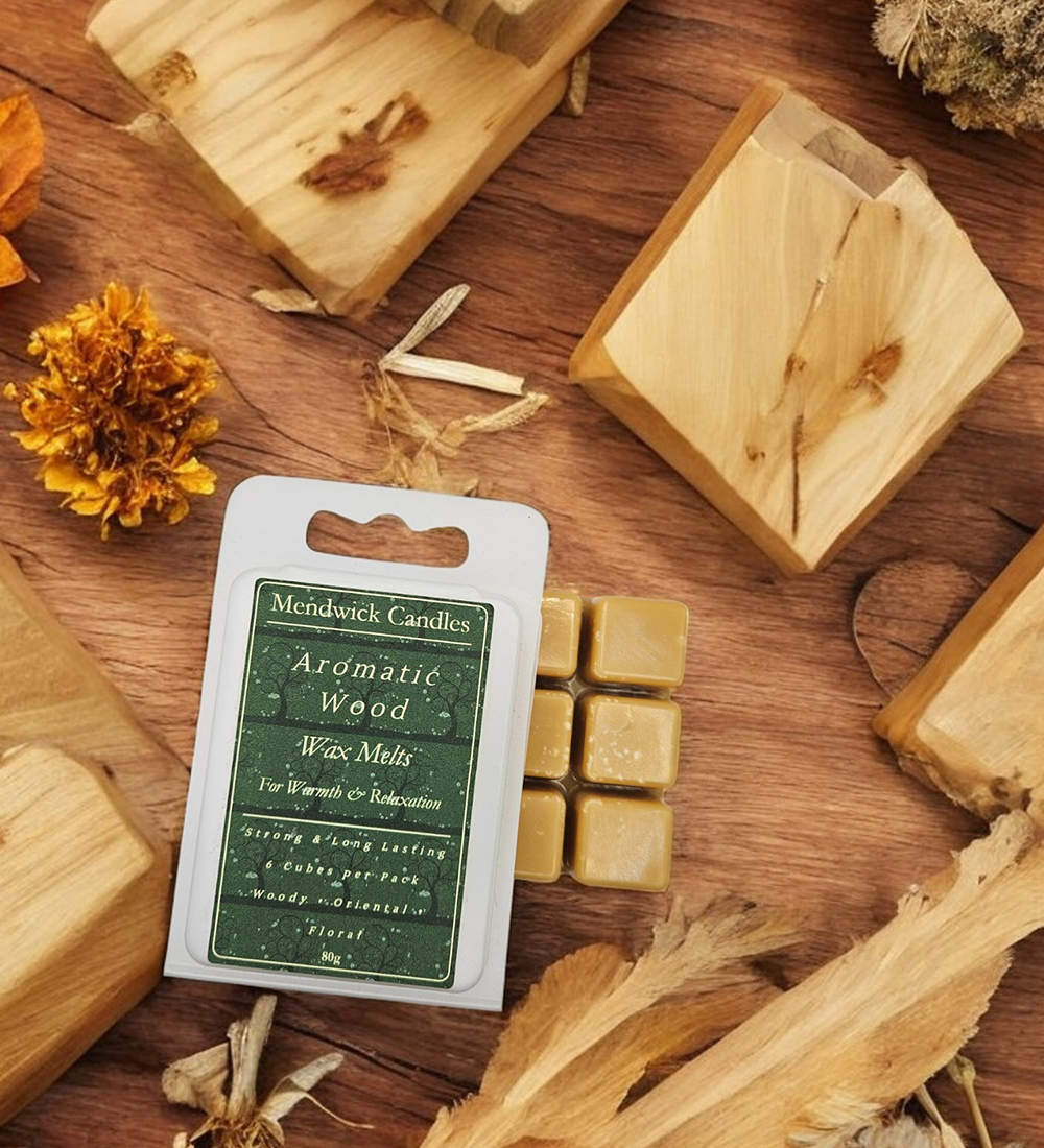 Aromatic Wood Wax Melts - shown on a wooden board surrounded by blocks of wood and wood shavings