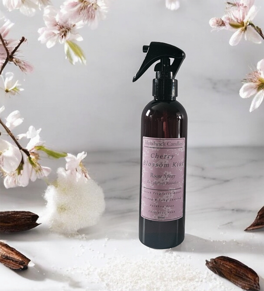 Cherry Blossom Kiss Room Spray Shown with Cherry Blossoms, spun sugar and vanilla pods