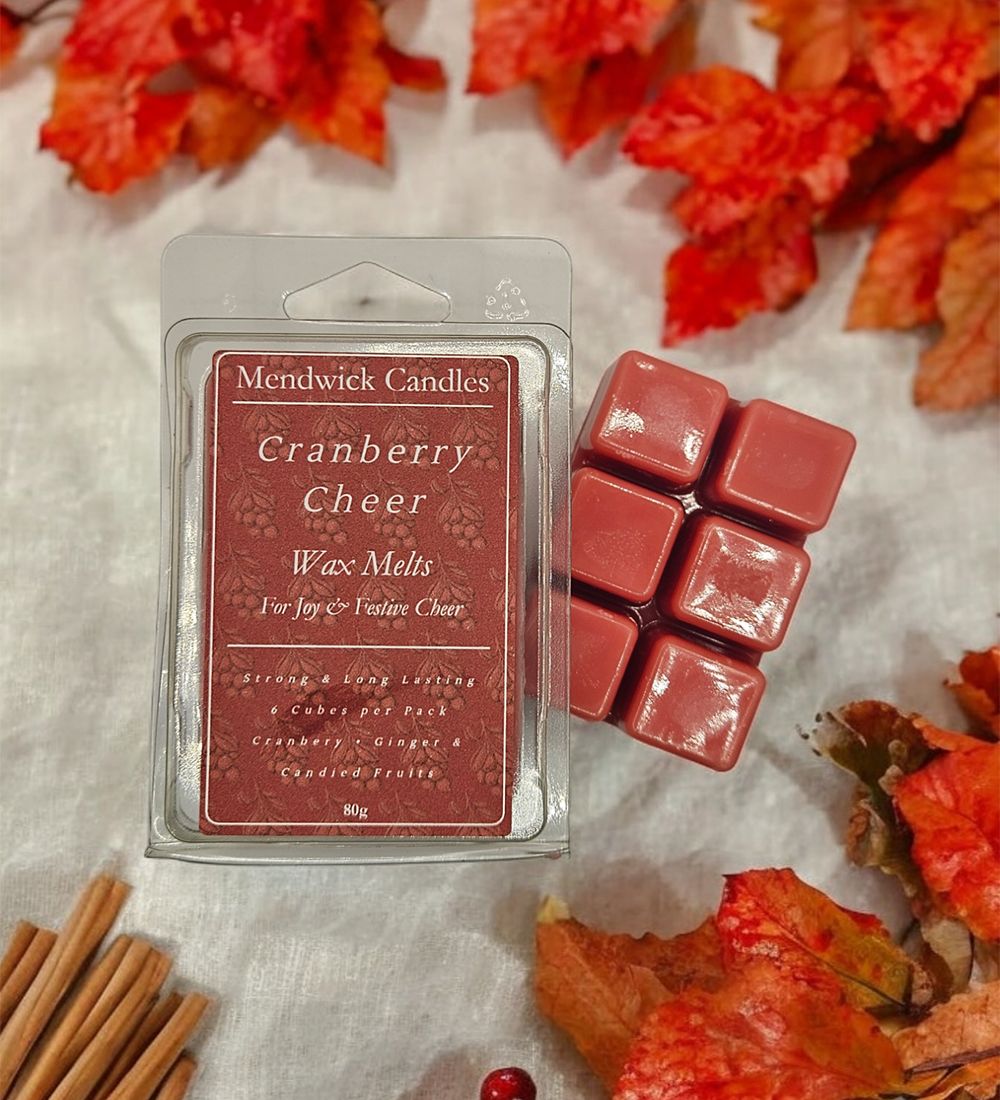 Cranberry Cheer wax melts surrounded by cinnamon, autumn leaves and Cranberries