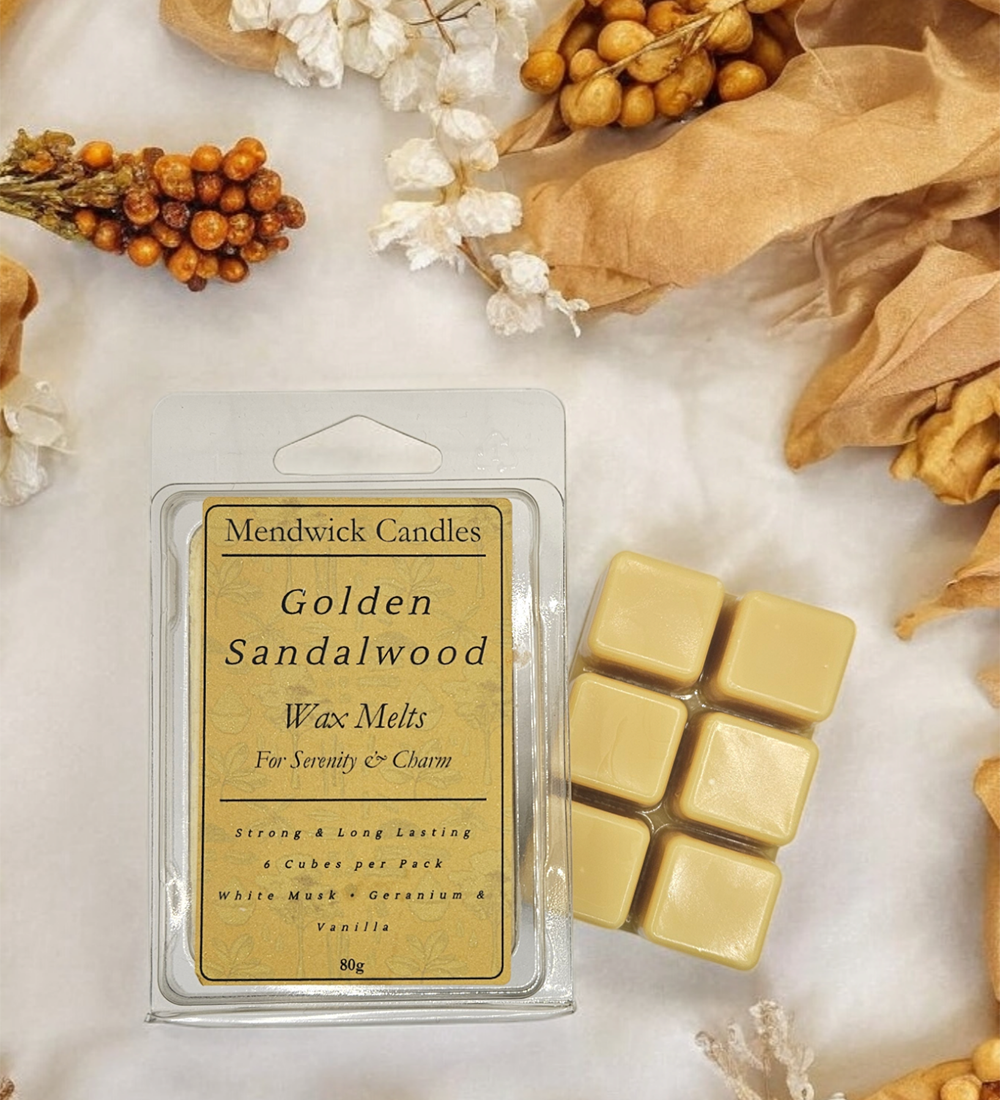 Golden Sandalwood wax melts surrounded by geraniums and sandalwood