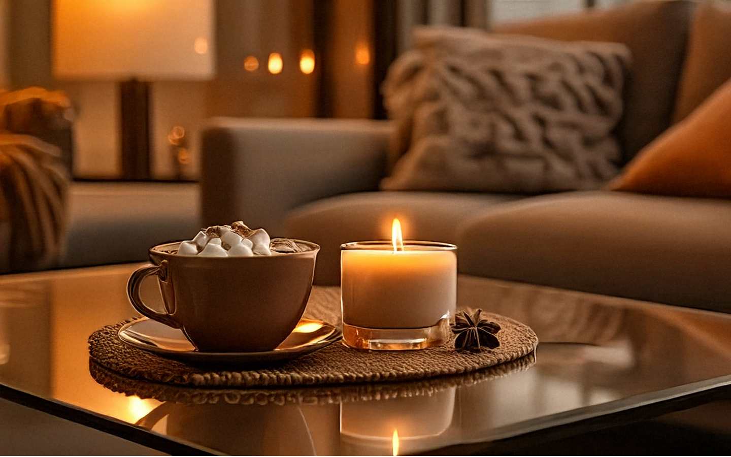 Gourmand scented home fragrances shown with a hot chocolate and toasted marshmallows 