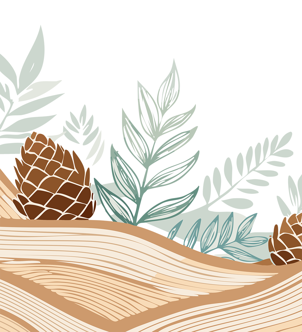 Warm & Woody scent icon, shown in woody waves, acorns and green leaves